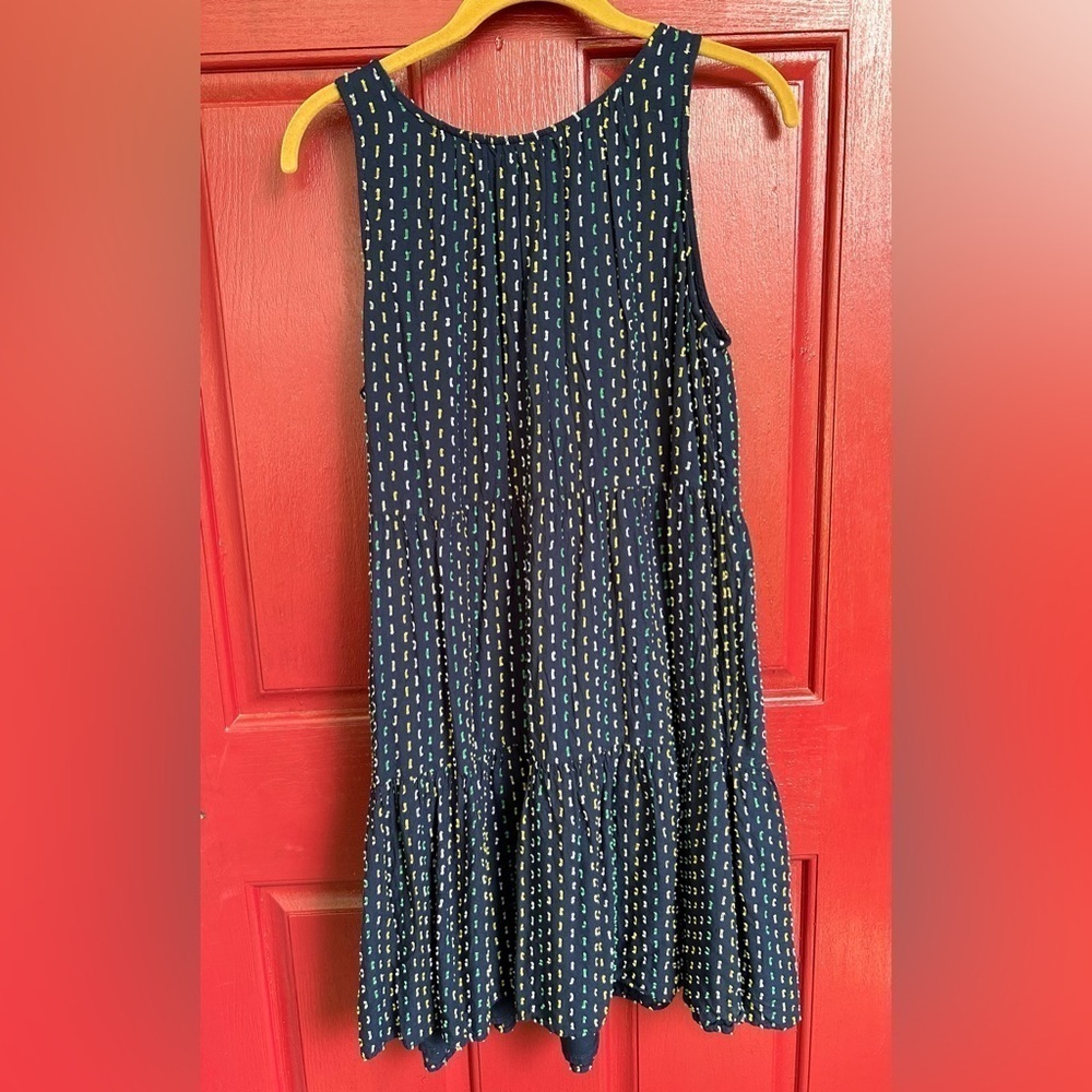 Loft M navy blue cotton multicolor stitch tiered swing  mini dress